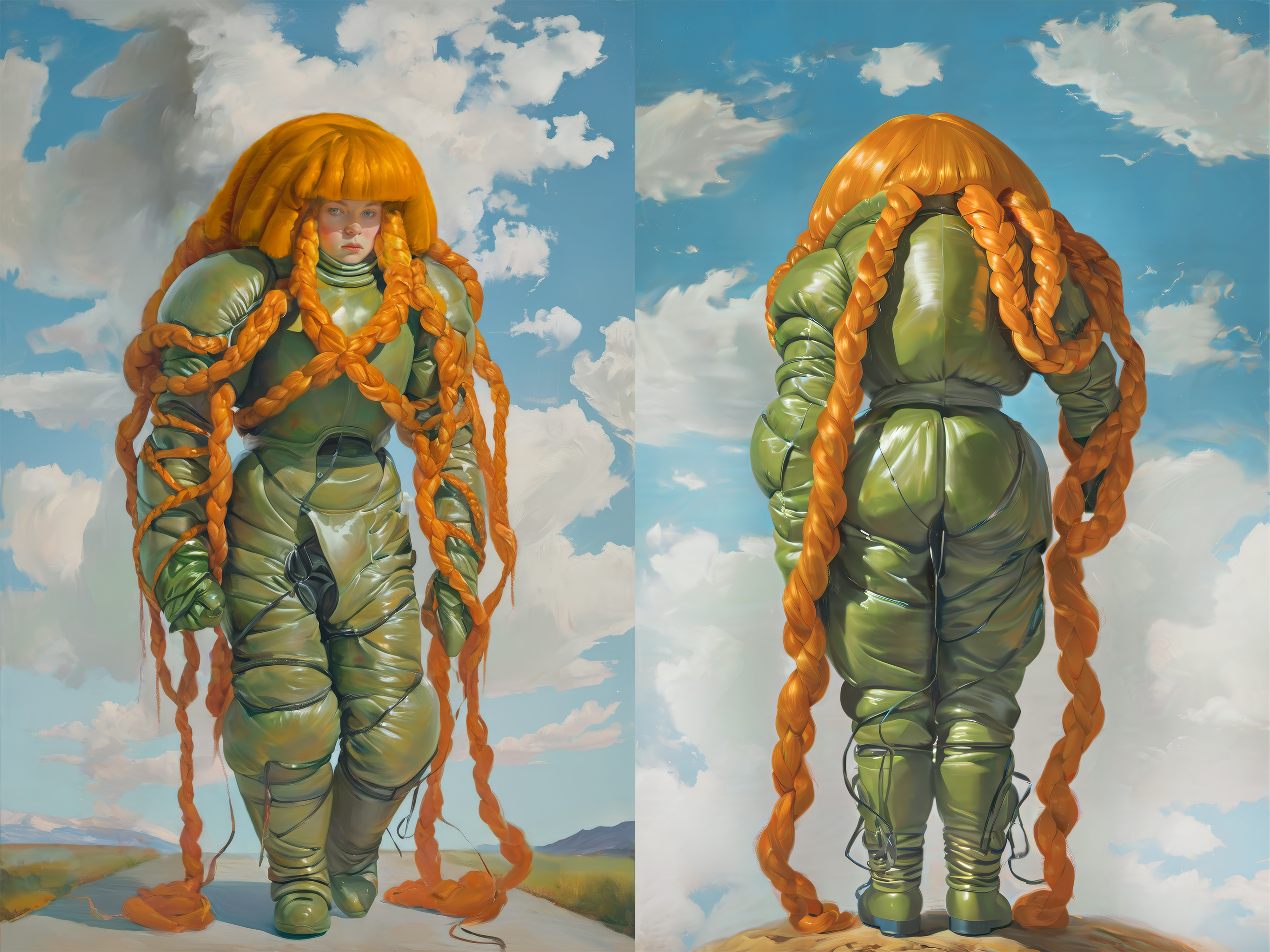 On the left: a puffy green suit clad woman with long red/orange hair wrapped around their arms and dripping to the ground, with a cloudy blue sky in the background. On the right: the same woman from behind facing away.